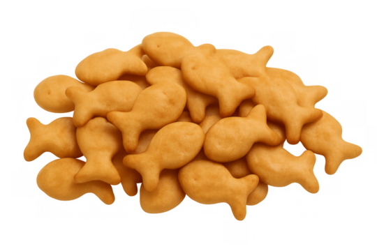 Pile of goldfish shaped crackers on transparent background