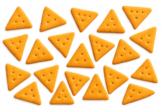 Delicious triangular crackers seamlessly arranged on transparent background