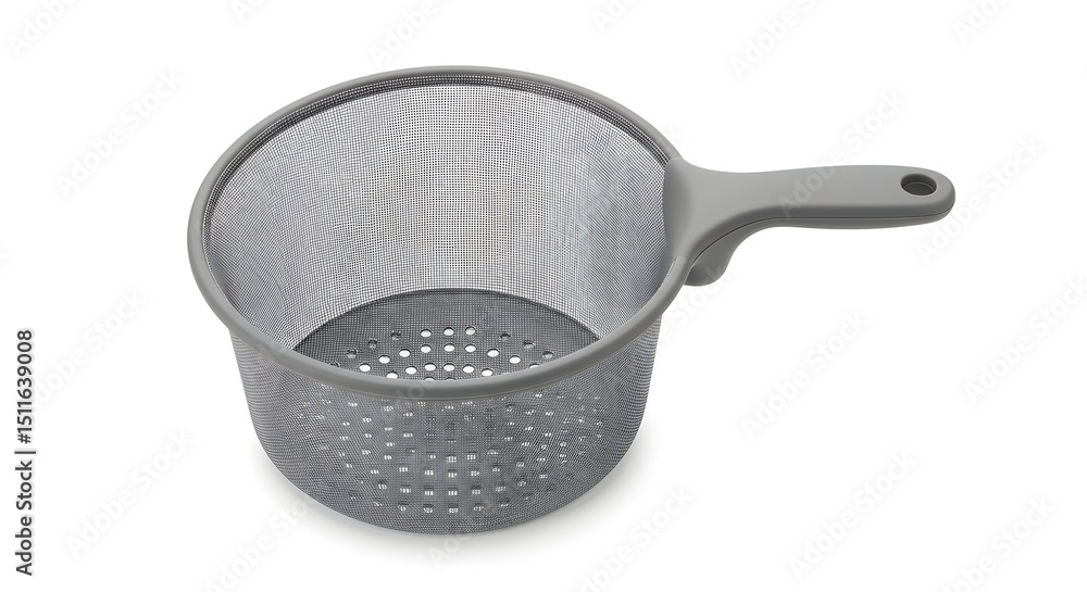 Poster a close up of a gray colander with a handle on a white surface in a studio shot