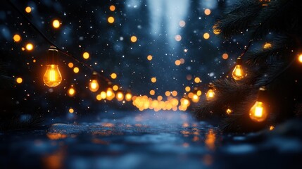 Snowy forest path, glowing lights, winter scene, holiday magic