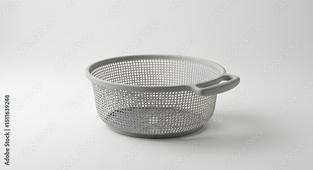 Poster a gray colander with a handle sitting on a white surface in a studio setting view