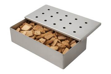 Stainless steel smoker box with wood chips on transparent background