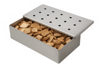 Stainless steel smoker box with wood chips on transparent background