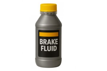 Gray plastic bottle of brake fluid with yellow cap on transparent background