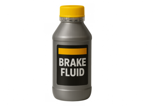 Gray plastic bottle of brake fluid with yellow cap on transparent background