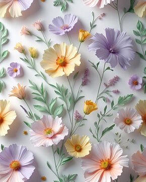 Fototapeta clean floral composition with pastel cosmos and daisy blooms arranged above smooth white minimalist backdrop for print visuals floral botanical illustration wallpaper background