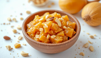A rustic bowl holds a delightful pumpkin dessert, its golden cubes glistening. Toasted nuts add a crunchy contrast to the sweet, soft pumpkin.  Blurred pumpkins in the background add depth.
