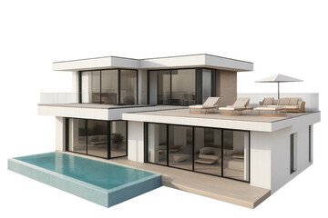 Modern luxury villa with infinity pool and rooftop terrace on transparent background