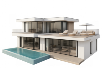 Modern luxury villa with infinity pool and rooftop terrace on transparent background