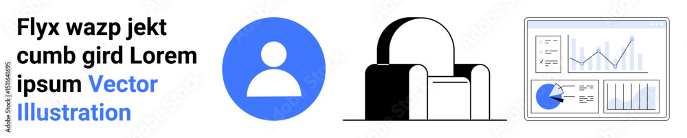 Poster blue person profile icon, padlock symbolizing security, analytics dashboard with charts and graphs. 