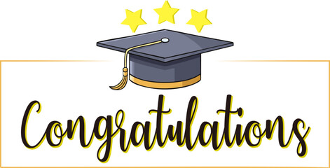 Congratulations message with graduation cap and stars celebrating academic success and achievement