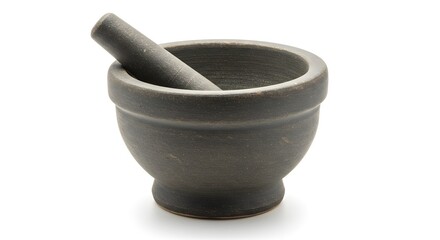 A mortar and pestle set made of gray stone on a plain white background in studio shot