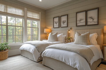 Fototapeta premium beds in a bedroom by a window.