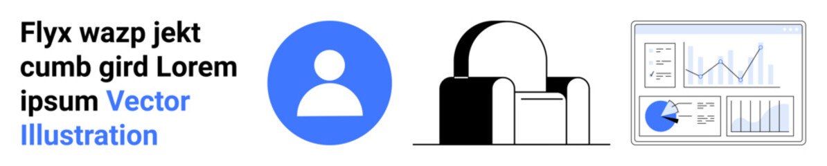 Blue person profile icon, padlock symbolizing security, analytics dashboard with charts and graphs. Ideal for privacy, user interface, data analysis, management, marketing, software simple landing