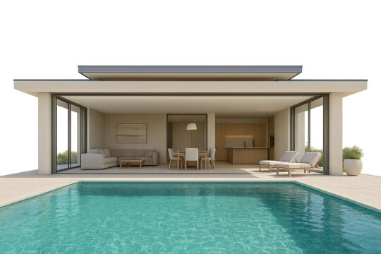 Modern minimalist house with swimming pool on transparent background