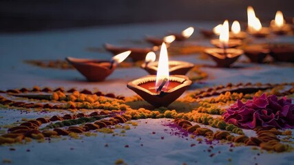 Diya flames burn bright in floral ritual. Glow of diya lights rests near flower on floor. Ceramic lamps with fire form spiritual path. Lights and flames join in peaceful ritual display.