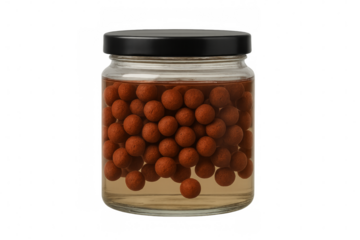 Glass jar filled with expanded clay balls soaking in water on transparent background