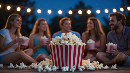 Friends Enjoying an Outdoor Evening with a Bucket of Popcorn