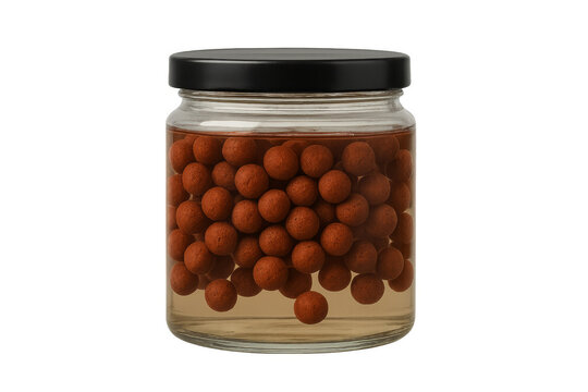 Glass jar filled with expanded clay balls soaking in water on transparent background