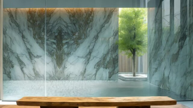 Minimalist indoor space with wooden platform, tree view, marble wall, bright atmosphere, and reflective pool feature