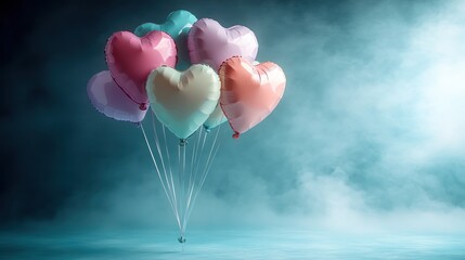 Pastel heart balloons float, smoky studio, romantic backdrop, Valentine's Day