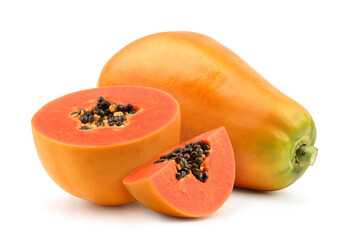 Ripe papaya with slice isolated on white background. (photo image with retouching process)