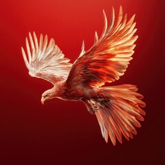 Fototapeta premium Soaring Eagle: A majestic eagle takes flight against a bold red backdrop, its wings gracefully outstretched, capturing the essence of freedom, power, and aspiration.