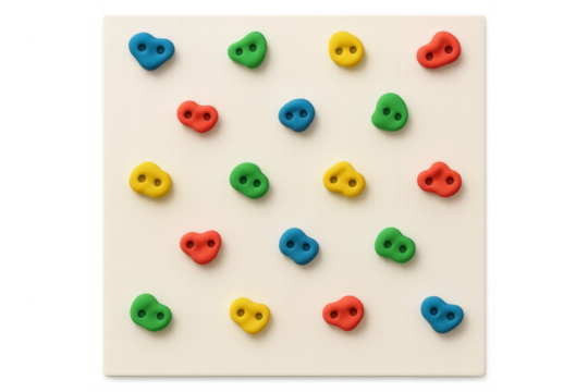 Colorful climbing holds on white board with transparent background