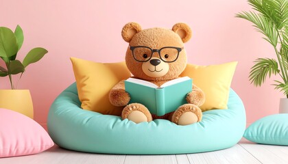3D cute bear sitting on a bean bag chair, reading a book with glasses on, surrounded by soft