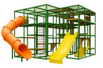 Colorful playground equipment with slides and tunnel on transparent background