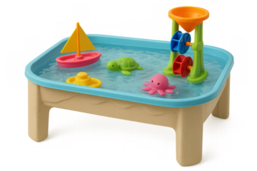 Colorful water table with floating toys on transparent background