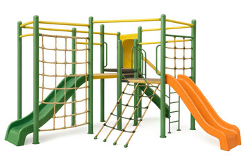 Colorful playground equipment with slides and climbing nets on transparent background