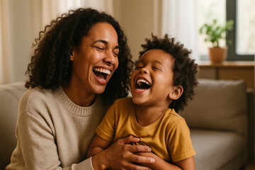 Woman and child laughing joyfully together.