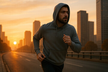 A man running on a bridge at sunset.