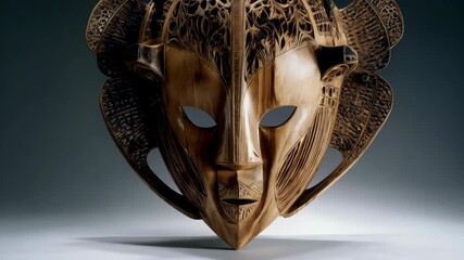 Artistic wooden mask with intricate carvings and ornate details, placed against a dark gradient background for cultural appreciation. - Powered by Adobe