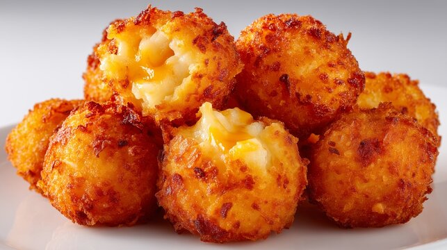 Crispy fried mac and cheese bites on plain bright white background no shadows, high-resolution comfort food shot
