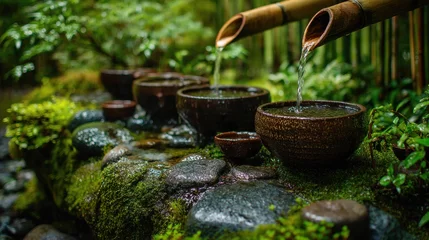 Tableau sur toile Nature calming meditative image of water pouring from bamboo waterfall against green nature background, silence and tranquility  © barinovalena