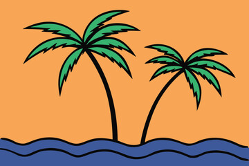 Two palm trees on waves represent a tropical and coastal vibe. Vector illustration.