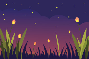 night landscape with grass and flowers