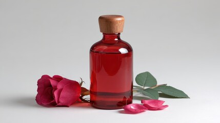 Rose Oil Essence: A clear glass bottle filled with rose-infused liquid sits beside a beautiful red rose and scattered petals, creating an aromatic blend for beauty and spa.