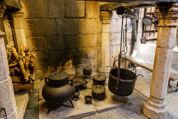 Traditional Galician Kitchen Exhibit at San Paio de Narla Historical and Ethnographic Museum. Friol, Lugo, Galicia.