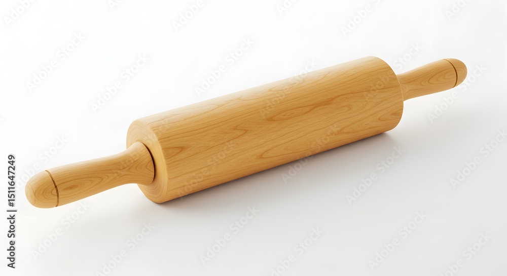 Poster a wooden rolling pin with handles on a white surface in a studio setting view shot