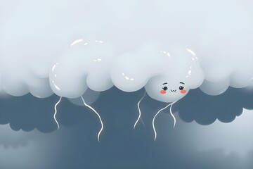 Smiling cartoon cloud with lightning bolts on a light blue sky