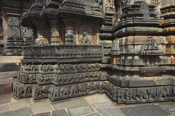 stone relief sculptures Shiva temple Halebid Halebidu Karnataka India
