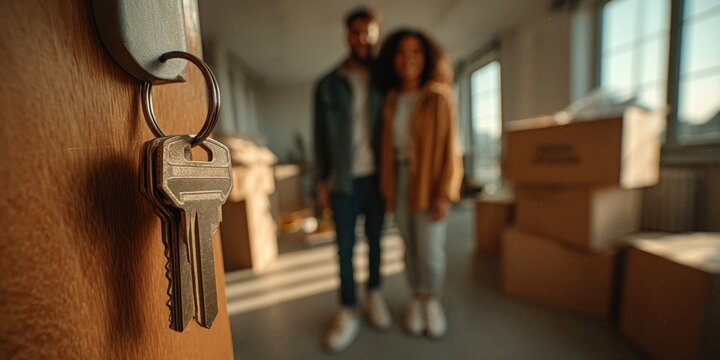 close-up of keys in the door of an apartment against the background of a young couple moving into a new house