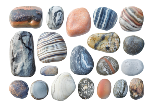 An array of pebbles in different sizes and colors, arranged neatly on a white background.