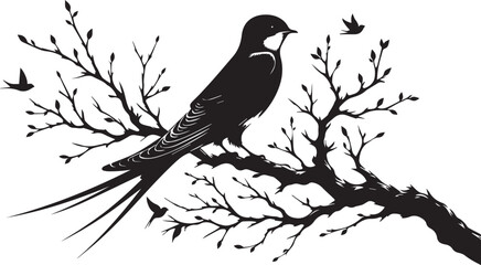 A black and white illustration of a swallow perched on a branch with several other birds flying nearby silhouette