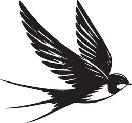 Obraz premium A black and white illustration of a swallow bird in flight with its wings spread wide and tail feathers silhouette