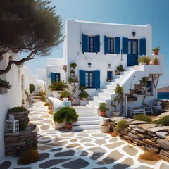 Traditional White House with Blue Doors on a Greek Island. deal for use in travel blogs, Mediterranean tourism brochures