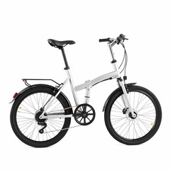 Fototapeta premium A silver folding bicycle with black tires and a black seat. It has a rear rack and mudguards